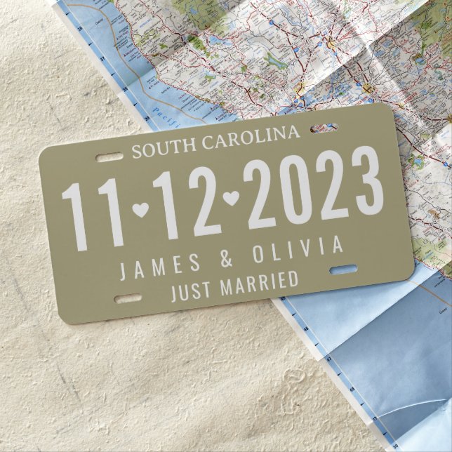 Sage Green Custom Just Married Wedding Date License Plate (In Situ)