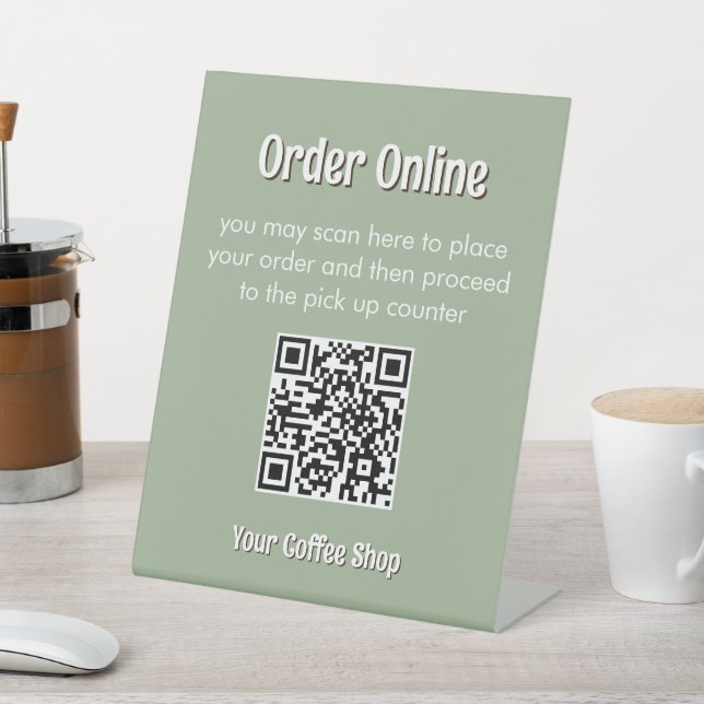 Sage Green Custom Modern Text Order QR Code Sign (In SItu)