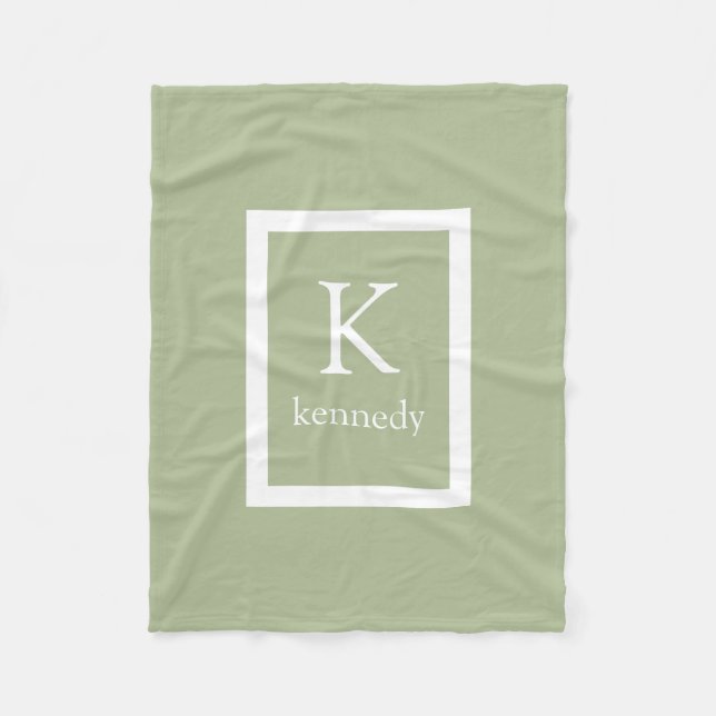 Sage Green Custom Monogram Name Fleece Blanket (Front)