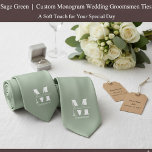 Sage Green | Custom Monogram Wedding Groomsmen  Neck Tie<br><div class="desc">Elevate your wedding day or special occasion look with this Elegant Monogram and Custom Name Neck Tie. This is the ultimate accessory for the groom and his entire wedding party, offering a stylish and sophisticated way to ensure everyone's look is coordinated and personal. Featuring a bold, classic white monogram initial...</div>