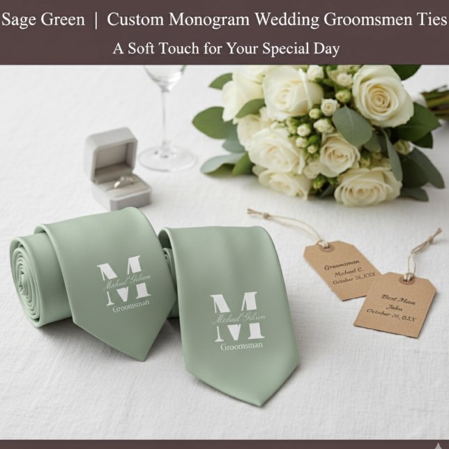 Sage Green | Custom Monogram Wedding Groomsmen  Neck Tie (Sage Green | Custom Monogram Wedding Groomsmen Neck Tie)