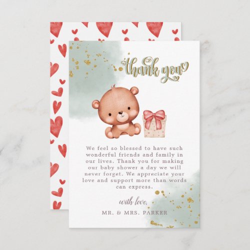 Sage Green Cute Bear Watercolor Heart Baby Shower  Thank You Card