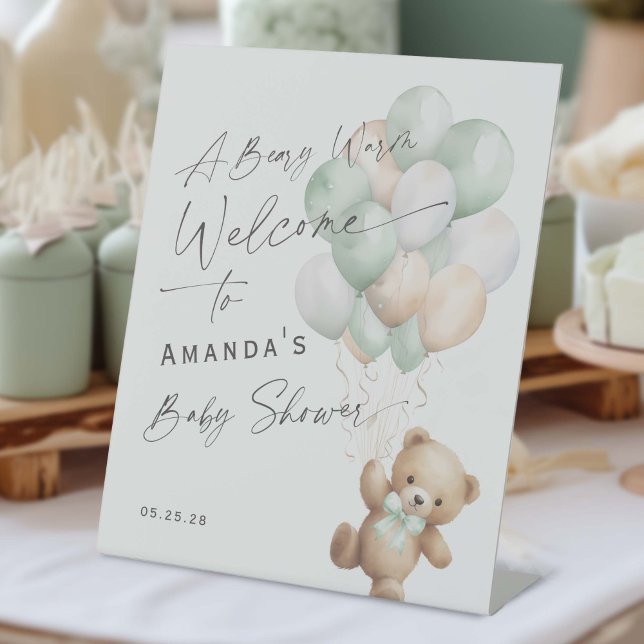 Sage Green Cute Bearly wait Neutral Shower Welcome Pedestal Sign (Gender Neutral Baby  Shower, We Can Bearly Wait Themed Pedestal Welcome Sign.)