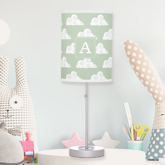 Sage Green Cute Cloud Pattern Monogram table lamp (Table lamp in sage green with white fluffy clouds for baby or child boy's or girl's room. Monogram.)