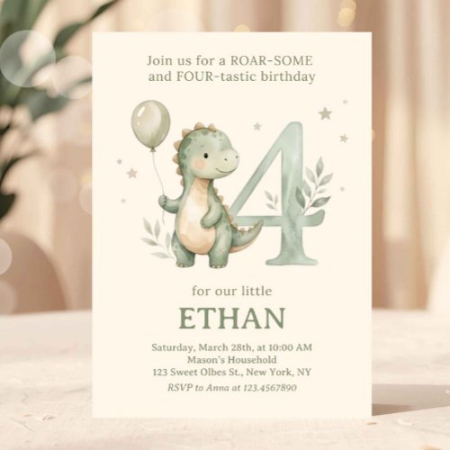 Sage Green Cute Dinosaur 4th Birthday Invitation