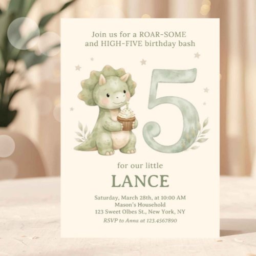 Sage Green Cute Dinosaur 5th Birthday Invitation