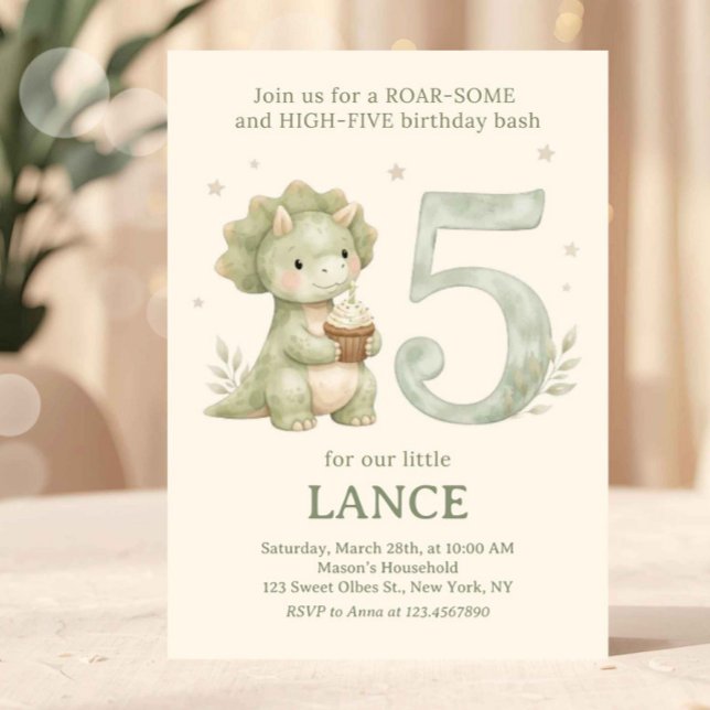 Sage Green Cute Dinosaur 5th Birthday Invitation (dinosaur birthday invitation, 5th birthday invite, roarsome five invite, dinosaur party invite, tric)