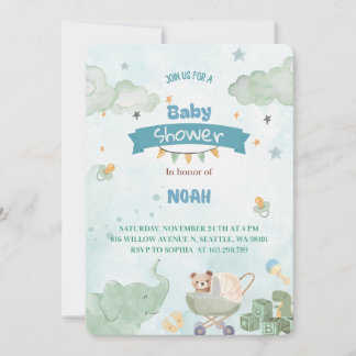 Sage Green Cute Elephant Teddy Bear Boy Baby Invitation