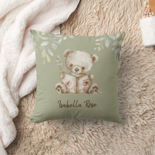 Sage Green Cute Storybook Bear Name  Throw Pillow