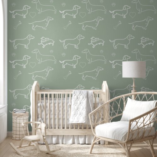 Sage Green Dachshund Dog Pattern Silhouette  Wallpaper