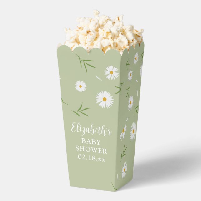 Sage Green Daisies Gender Neutral Baby Shower Favor Boxes (Popped)