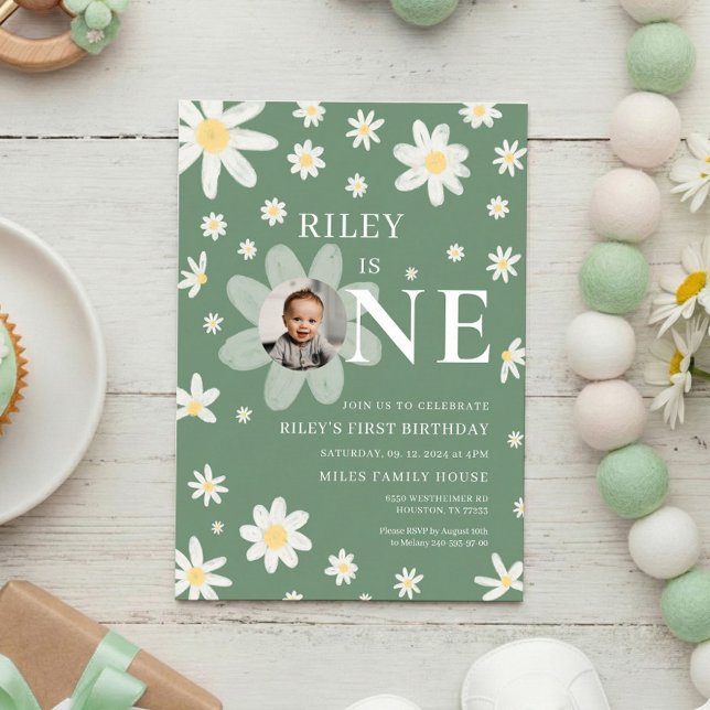 Sage Green Daisy First 1st Birthday Photo  Invitation (Creator Uploaded)