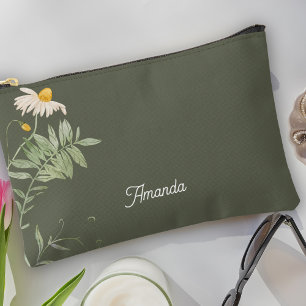Sage Green Daisy Floral Minimal Accessory Pouch