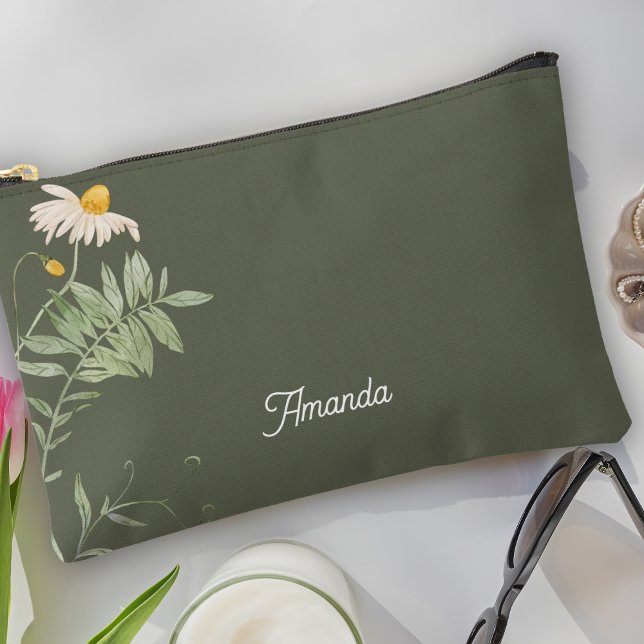 Sage Green Daisy Floral Minimal  Accessory Pouch (Creator Uploaded)