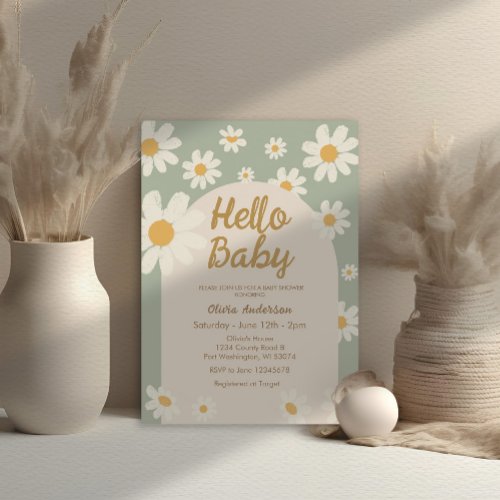 Sage Green Daisy Hello Baby Retro Baby Shower  Invitation