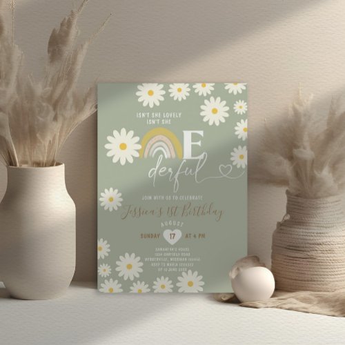 Sage Green Daisy Isnt She Onederful Birthday Invitation