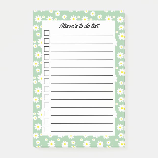 Sage Green Daisy Print Personalized To Do List Post-it Notes (Front)