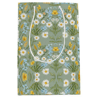 Sage Green Daisy Wildflower Cottagecore Floral Medium Gift Bag