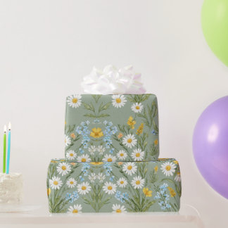Sage Green Daisy Wildflower Cottagecore Floral Wrapping Paper