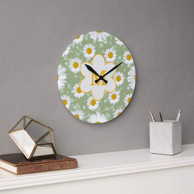 Sage Green Daisy Wildflower Monogram  Large Clock (Office)