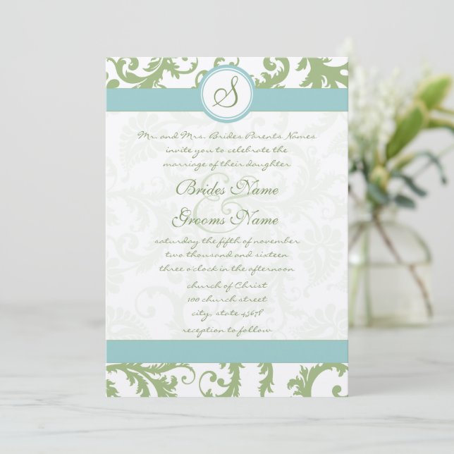Sage Green Damask and Aqua Damask Wedding Invite (Standing Front)