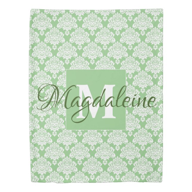 Sage Green Damask Duvet Cover with Monogram (Front)