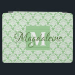 Sage Green Damask iPad Cover with Monogram<br><div class="desc">This beautiful iPad case features a classic white damask pattern over a sage green background. The design is personalized with a monogram initial letter as well as a customizable name. Perfect for work or school,  or any woman who wants a pretty case with a simple yet elegant design.</div>