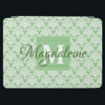 Sage Green Damask iPad Cover with Monogram<br><div class="desc">This beautiful iPad case features a classic white damask pattern over a sage green background. The design is personalized with a monogram initial letter as well as a customizable name. Perfect for work or school,  or any woman who wants a pretty case with a simple yet elegant design.</div>