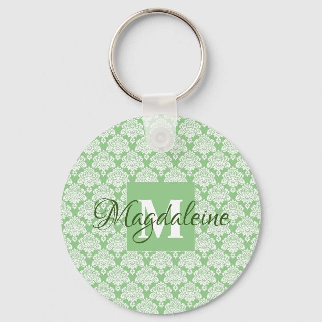 Sage Green Damask Keychain with Monogram (Front)