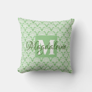 Sage Green Damask Pillow with Monogram