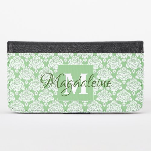 Sage Green Damask Wallet Phone Case with Monogram