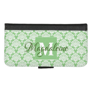 Sage Green Damask Wallet Phone Case with Monogram