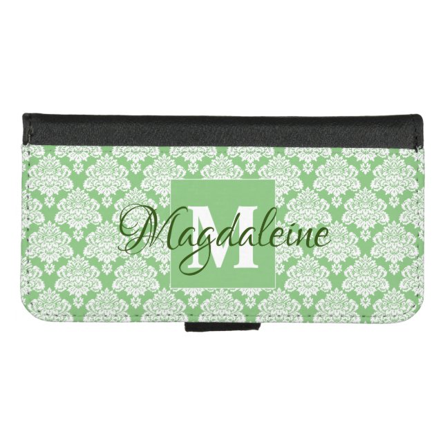 Sage Green Damask Wallet Phone Case with Monogram (Front (Horizontal))