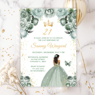 Sage Green Dark Skin Princess Birthday Party Invitation