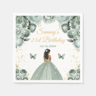 Sage Green Dark Skin Princess Birthday Party Napkins