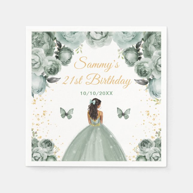 Sage Green Dark Skin Princess Birthday Party Napkins (Front)