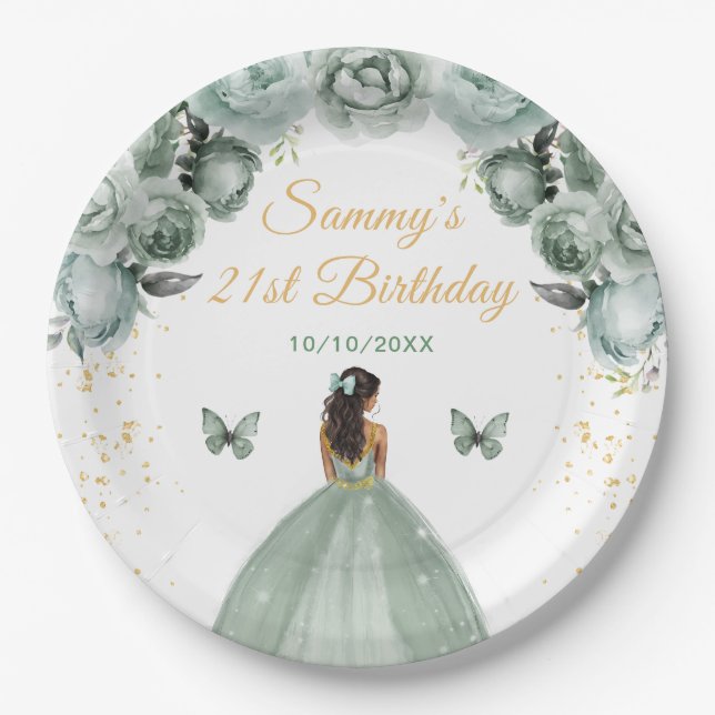 Sage Green Dark Skin Princess Birthday Party Paper Plates (Front)