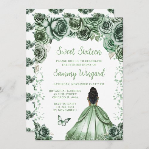 Sage Green Dark Skin Princess Sweet Sixteen Invitation
