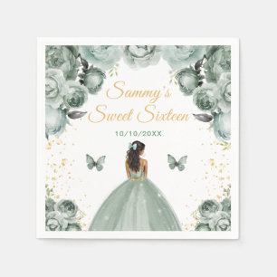 Sage Green Dark Skin Princess Sweet Sixteen Napkins