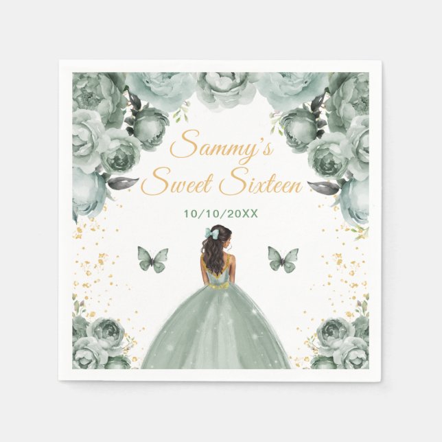 Sage Green Dark Skin Princess Sweet Sixteen Napkins (Front)
