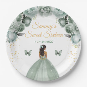 Sage Green Dark Skin Princess Sweet Sixteen Paper Plates