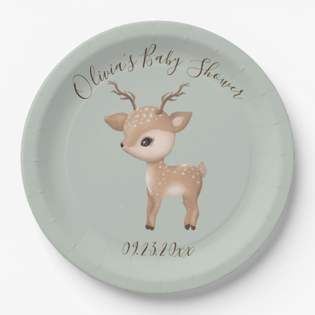 Sage Green Deer Baby Shower Paper Plates (Front)