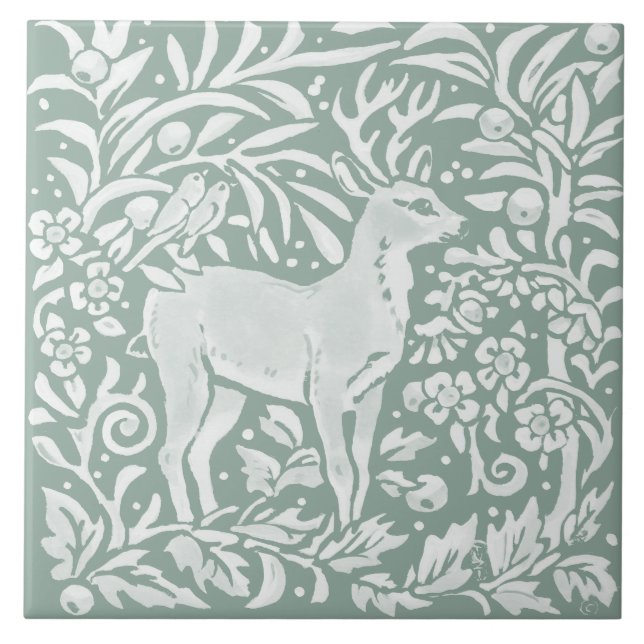 Sage Green Deer Woodland Forest William Morris Ceramic Tile (Front)