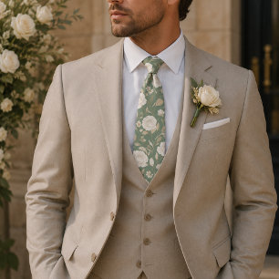 Sage Green Delicate Floral Pattern Neck Tie