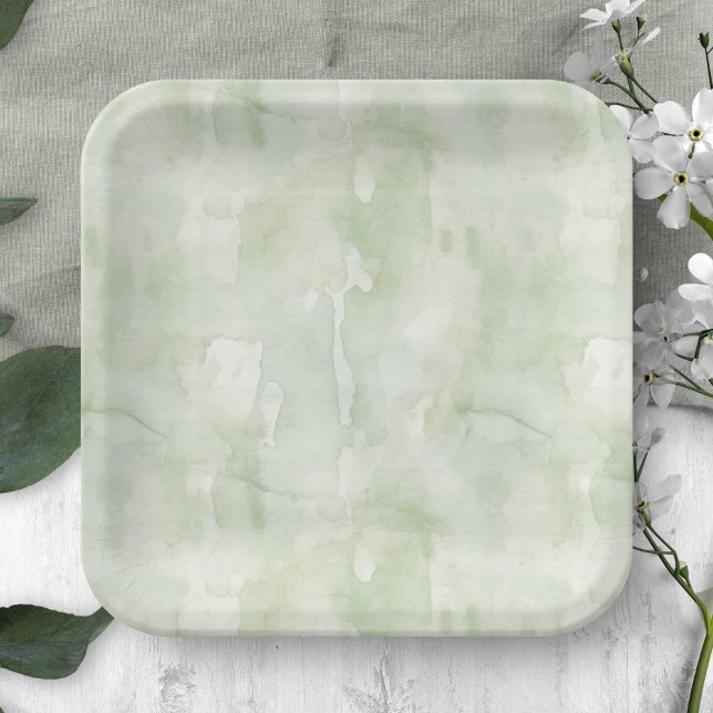 Sage Green Delicate Watercolor Texture Paper Plates (Sage Green Watercolor Texture Paper Plate for Any Occasion.)