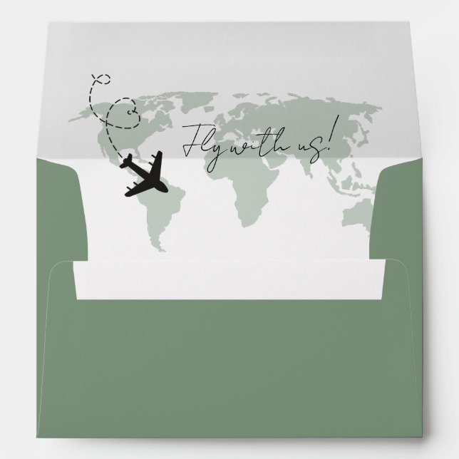 Sage Green Destination Airplaine World map Wedding Envelope (Back (Bottom))