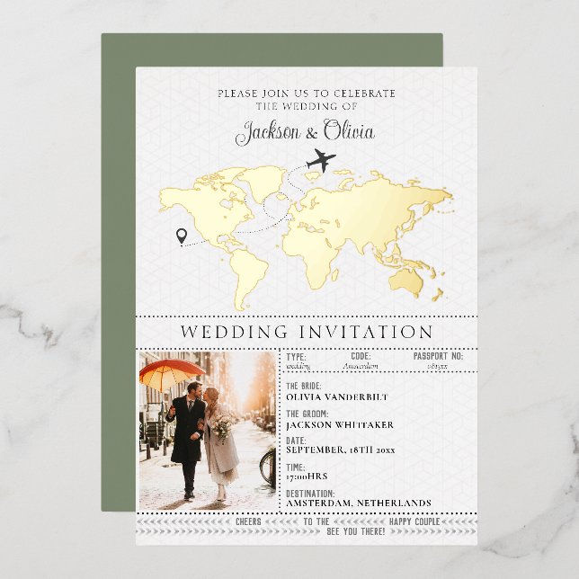 Sage Green Destination Wedding Passport  Foil Invitation (Front/Back)