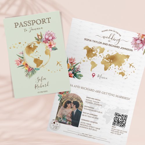 Sage Green Destination Wedding Passport QR Code Invitation
