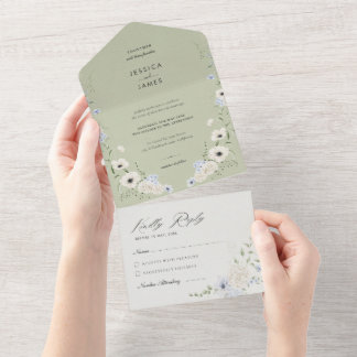 Sage Green | Detachable RSVP | Minimalist Wedding All In One Invitation