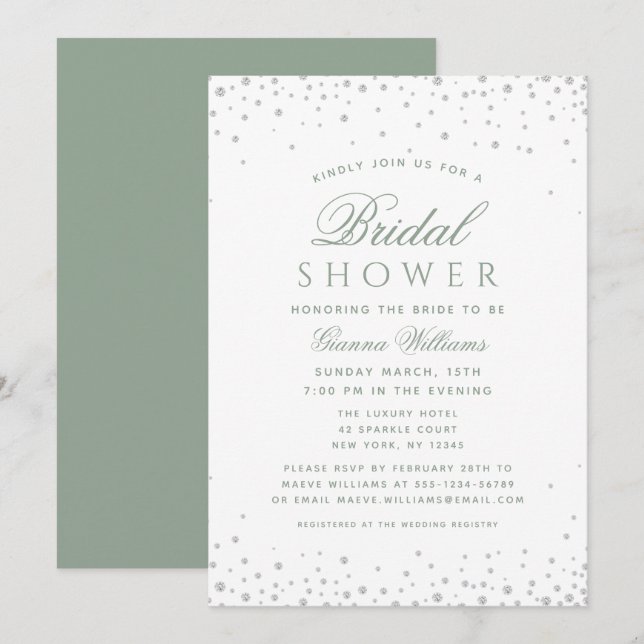 Sage Green Diamonds Modern Luxury Bridal Shower Invitation (Front/Back)